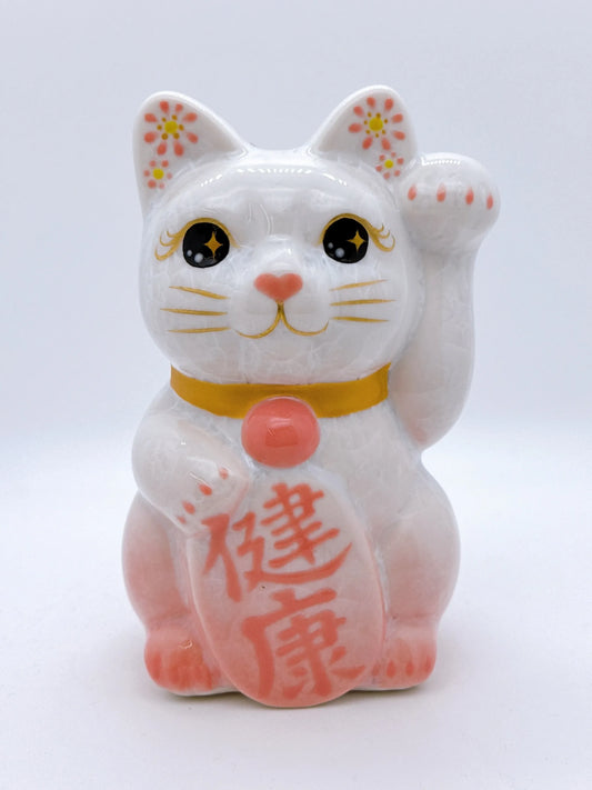 日本清水燒招財貓 花結晶 桃白 健康 左