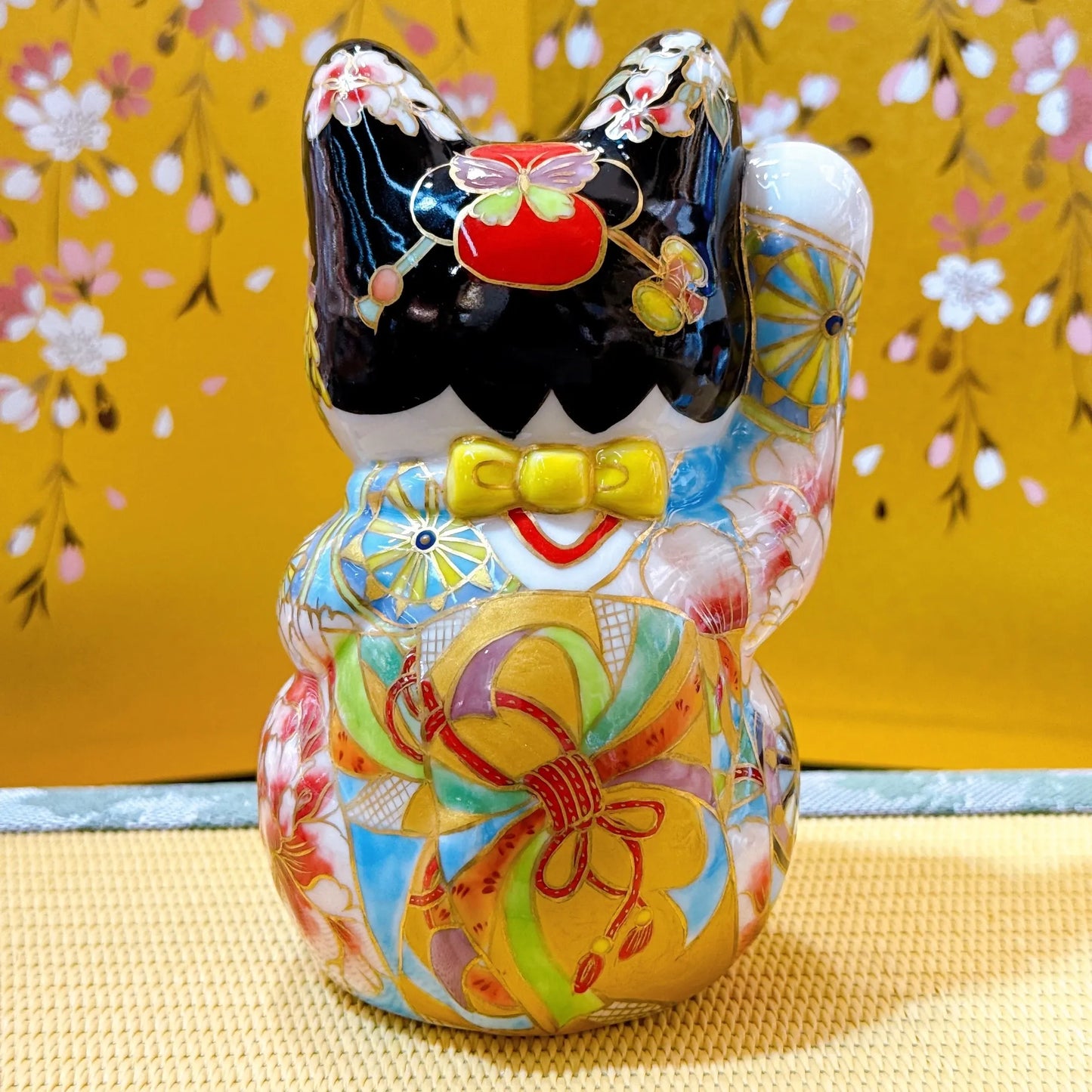日本清水烧招财猫 色绘 舞伎玄华