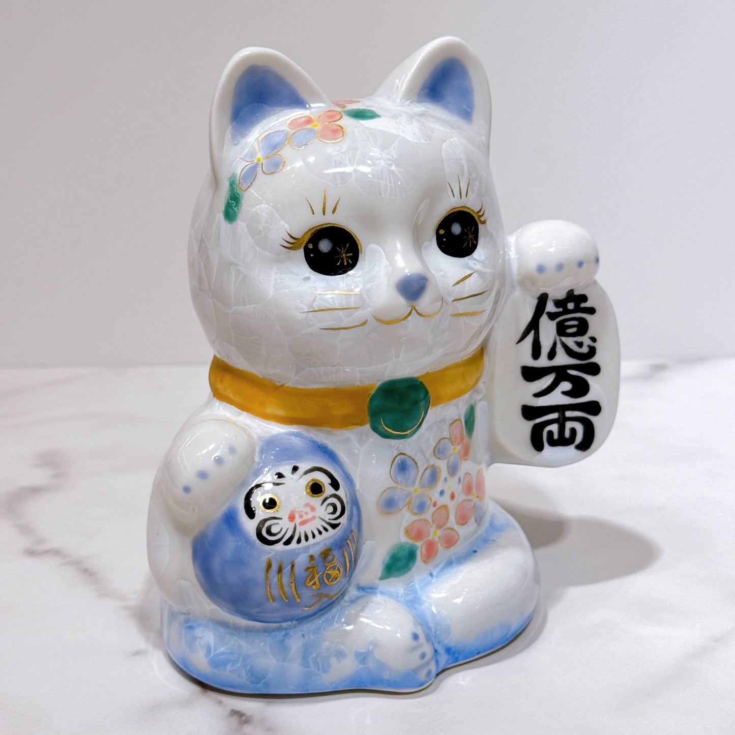 日本清水燒招財貓 達摩 花結晶 青白 体花