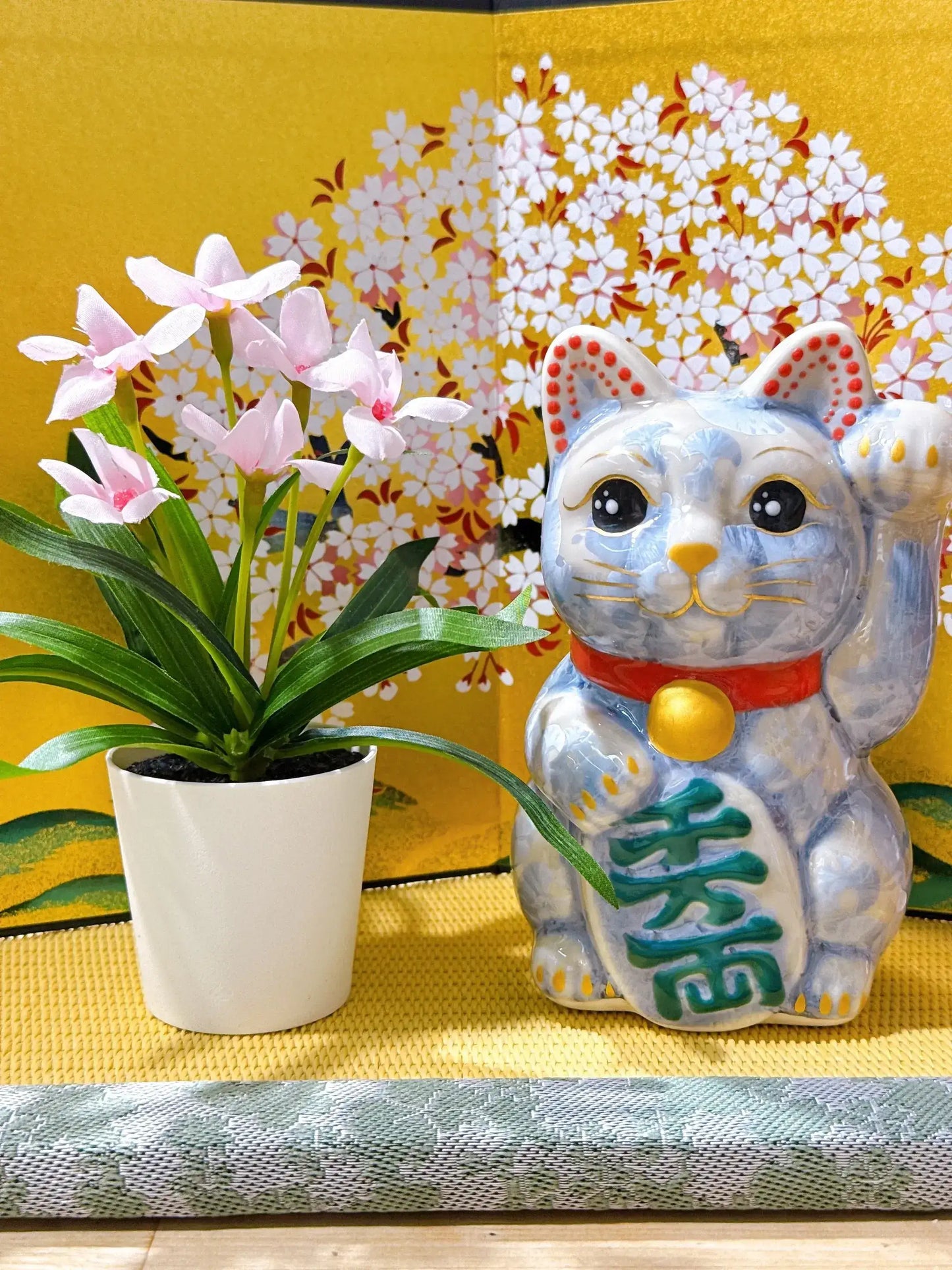 日本清水燒招財貓 花結晶 銀藤 千万両 左
