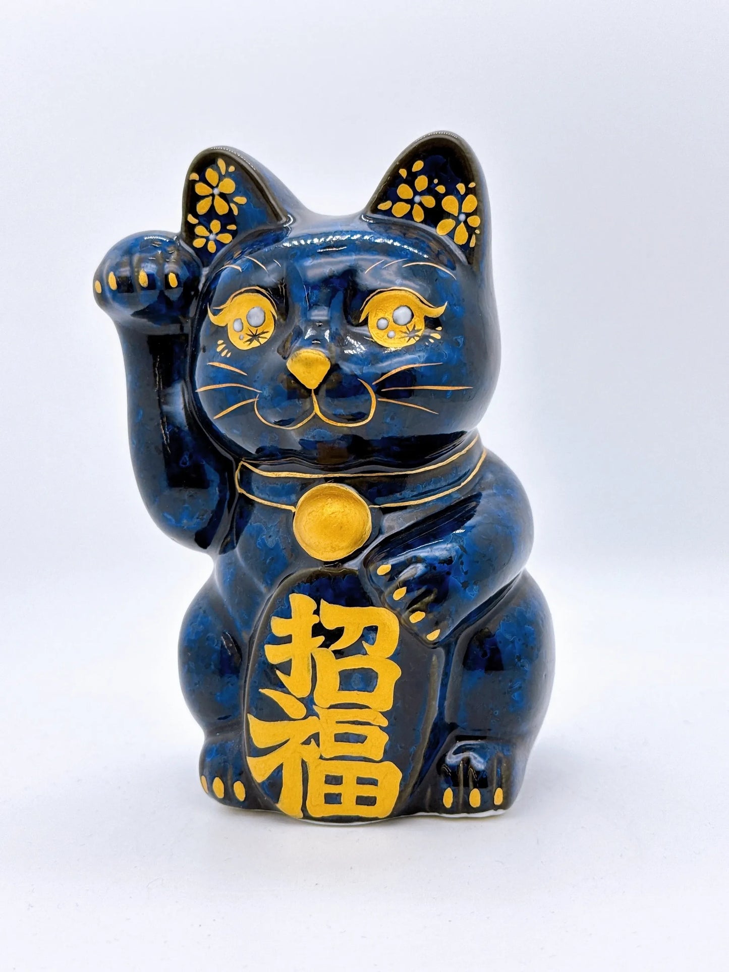 日本清水燒招財貓 青墨 金彩招福 櫻