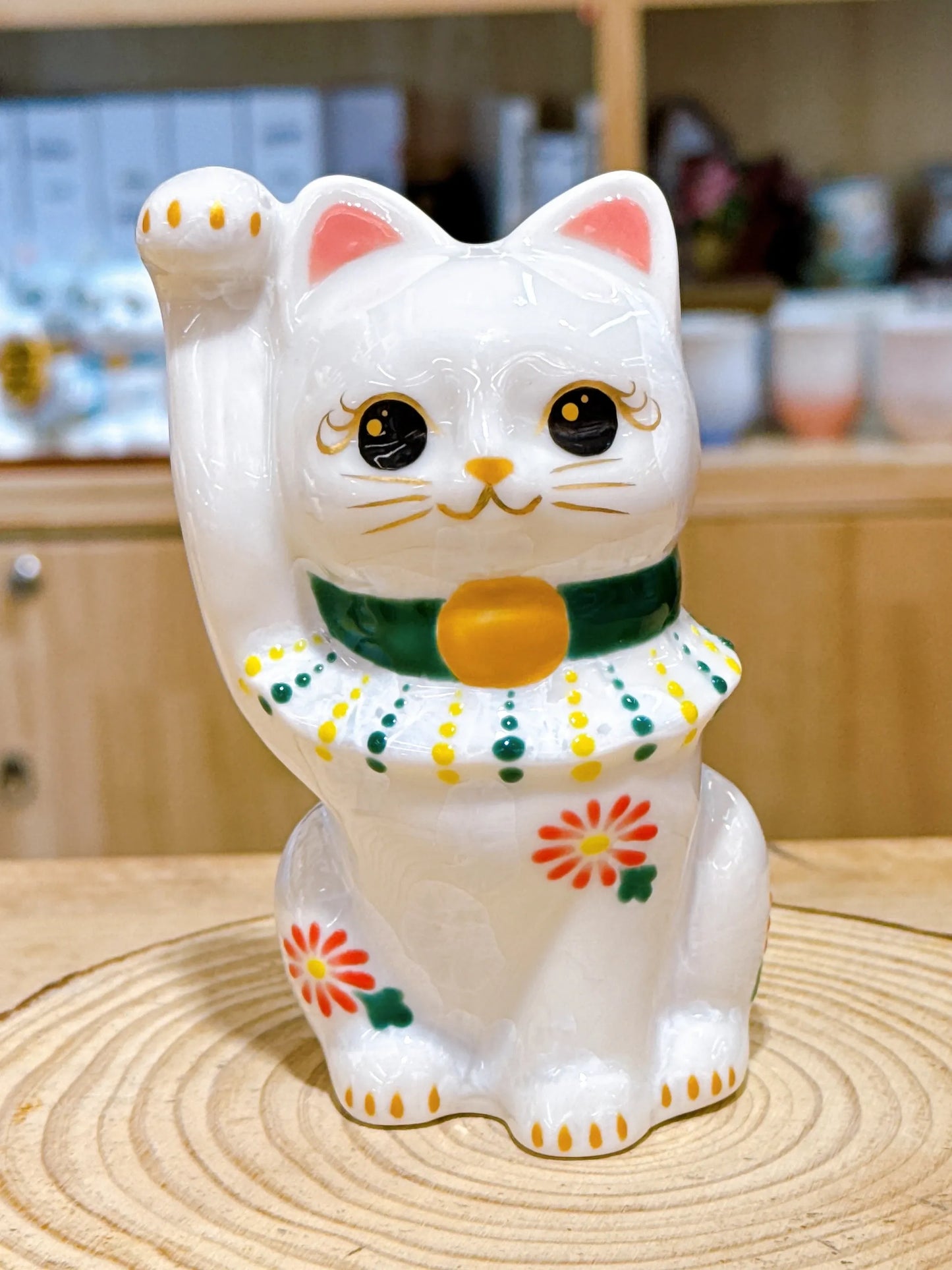 日本清水燒招財貓 花結晶 白 招福