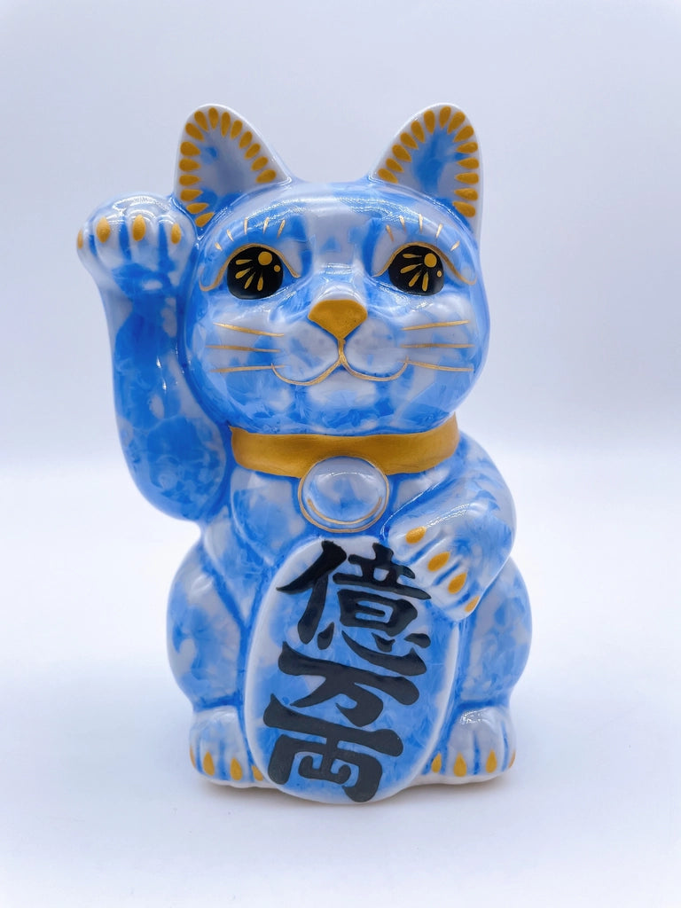 日本清水烧招财猫 花结晶 青 亿万两 右