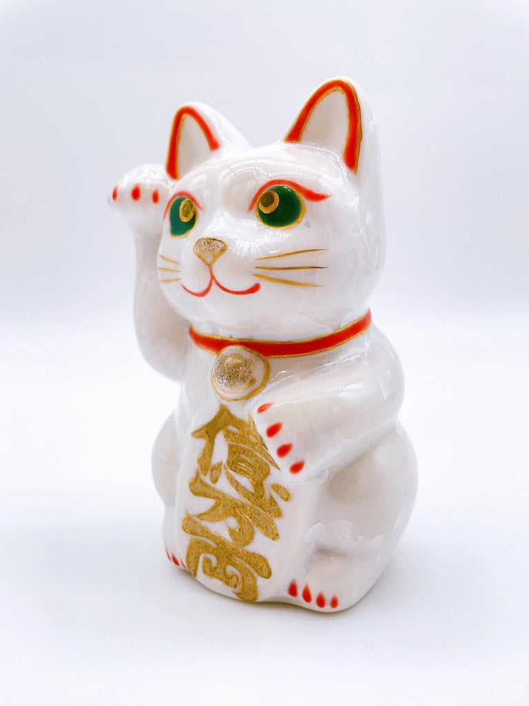 日本清水燒招財貓 花結晶 白 億万両 迷你