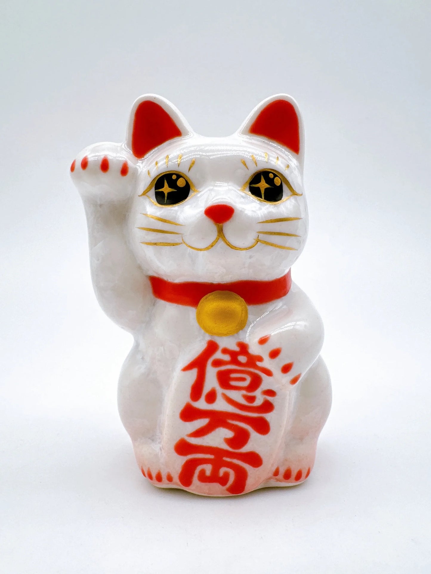 日本清水燒招財貓 花結晶 桃白 億万両 右 迷你