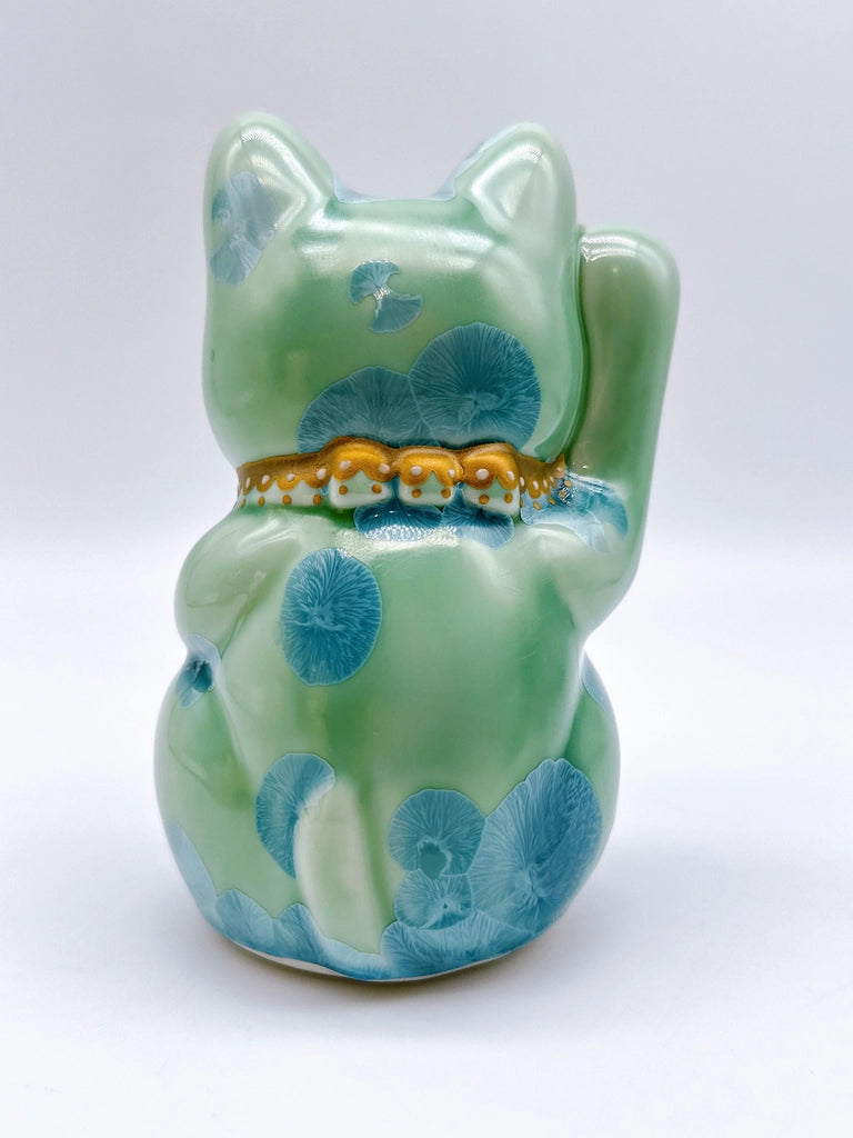日本清水烧招财猫 花结晶 绿 亿万两 右
