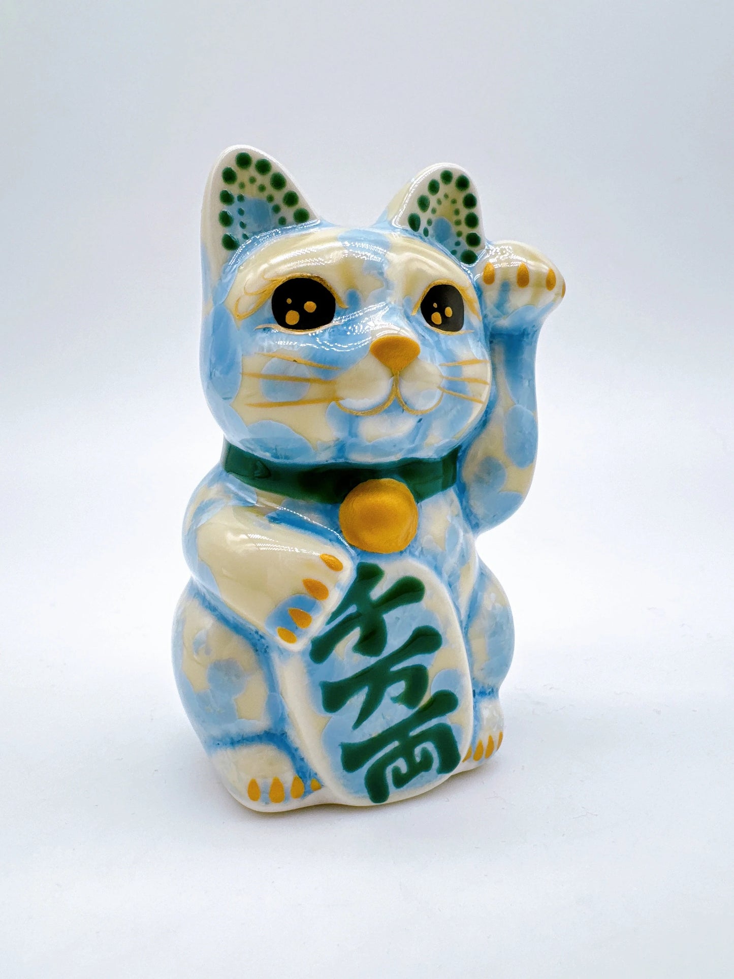 日本清水燒招財貓 花結晶 縹 千万両 左 特小