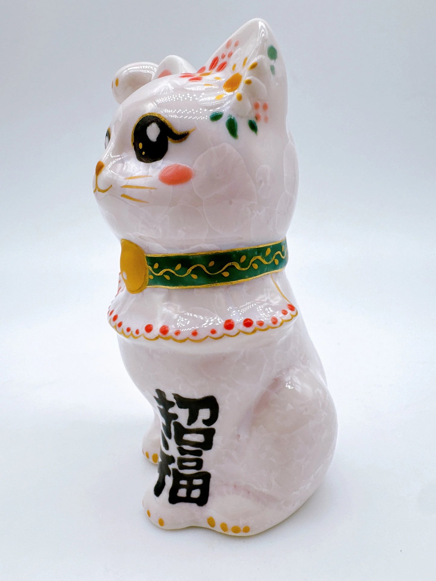 日本清水燒招財貓 花結晶 桃 招福
