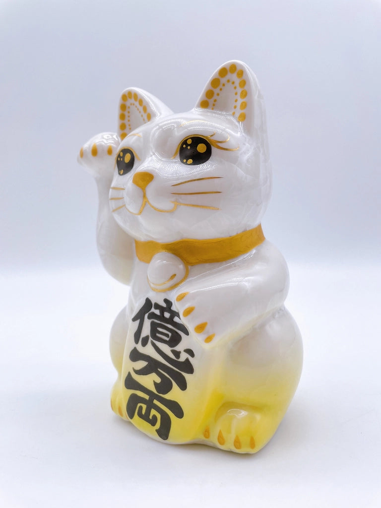 日本清水烧招财猫 花结晶 黄白 亿万两 左