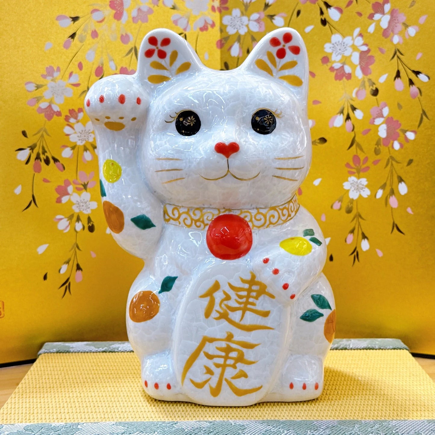 日本清水燒招財貓 花結晶 白 健康 特大 右