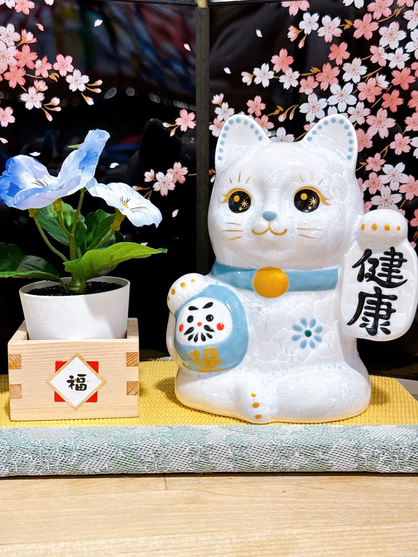 日本清水燒招財貓 達摩 花結晶 白 健康