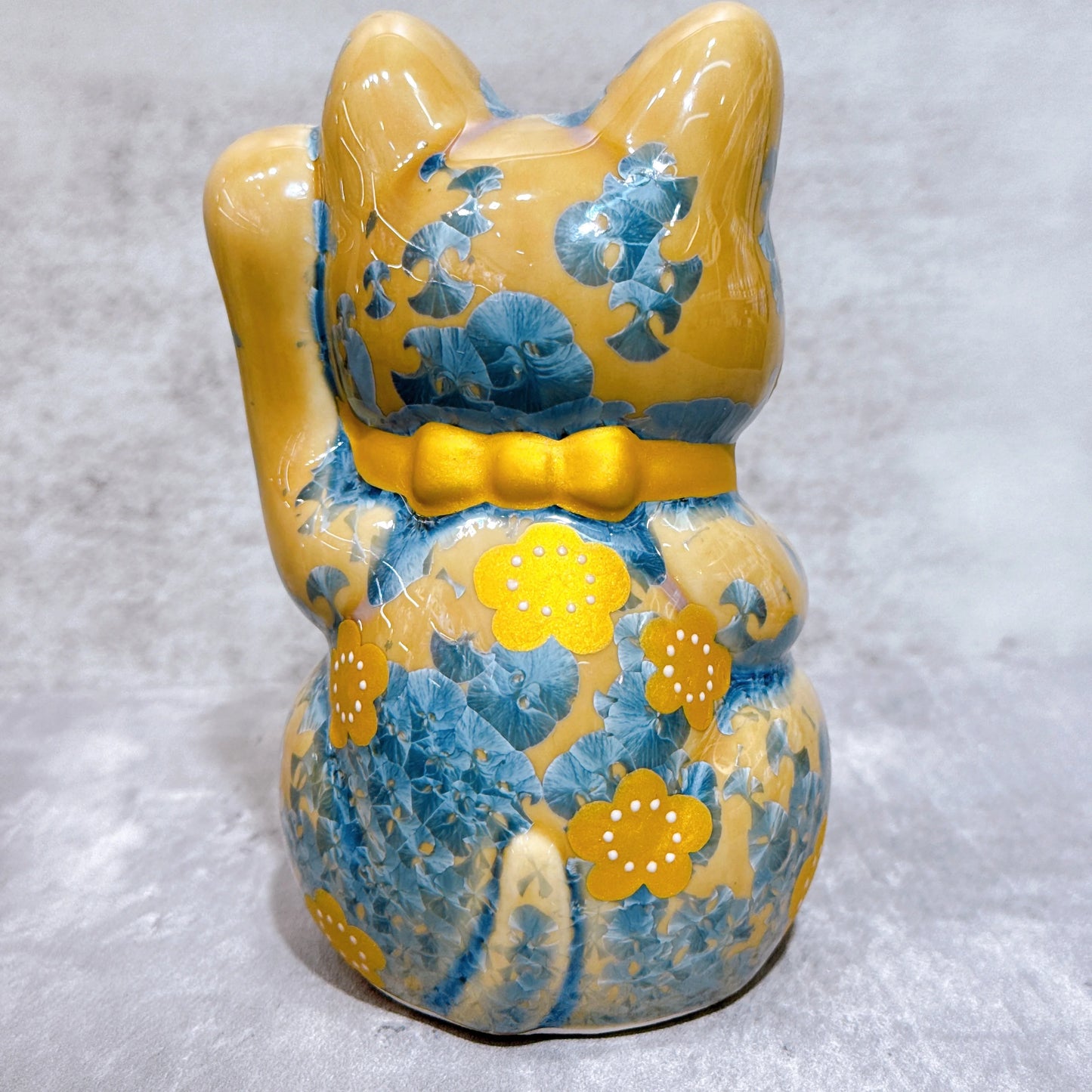 日本清水燒招財貓 花結晶 灰青 体花 千万両