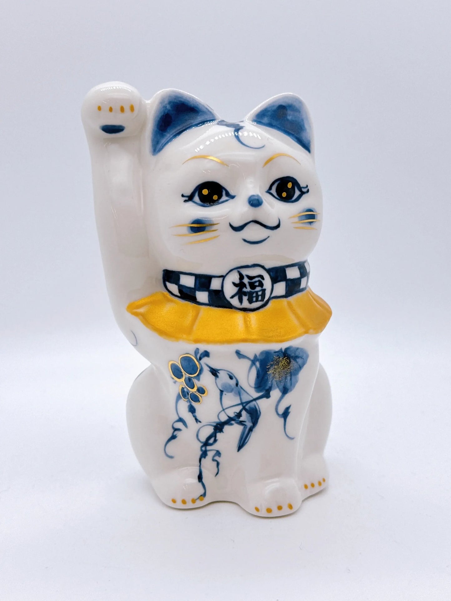 日本清水燒招財貓 染付 金彩福鳥