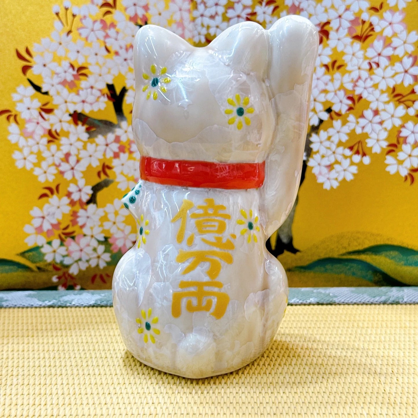日本清水燒招財貓 花結晶 杏 億万両