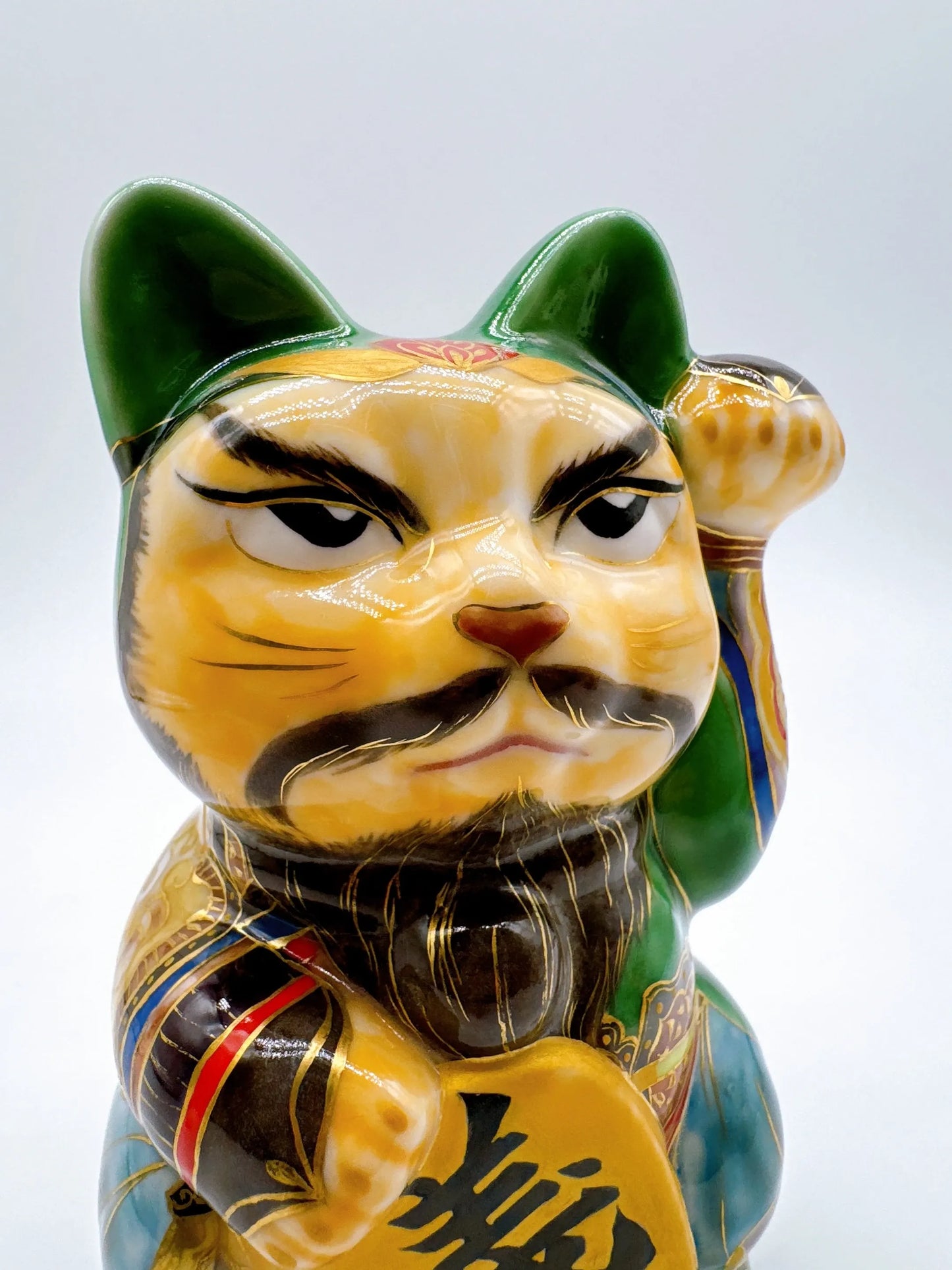 日本清水烧招财猫 色绘 关羽