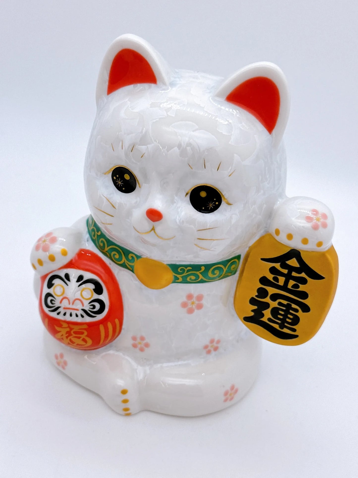 日本清水燒招財貓 達摩 花結晶 白 金運