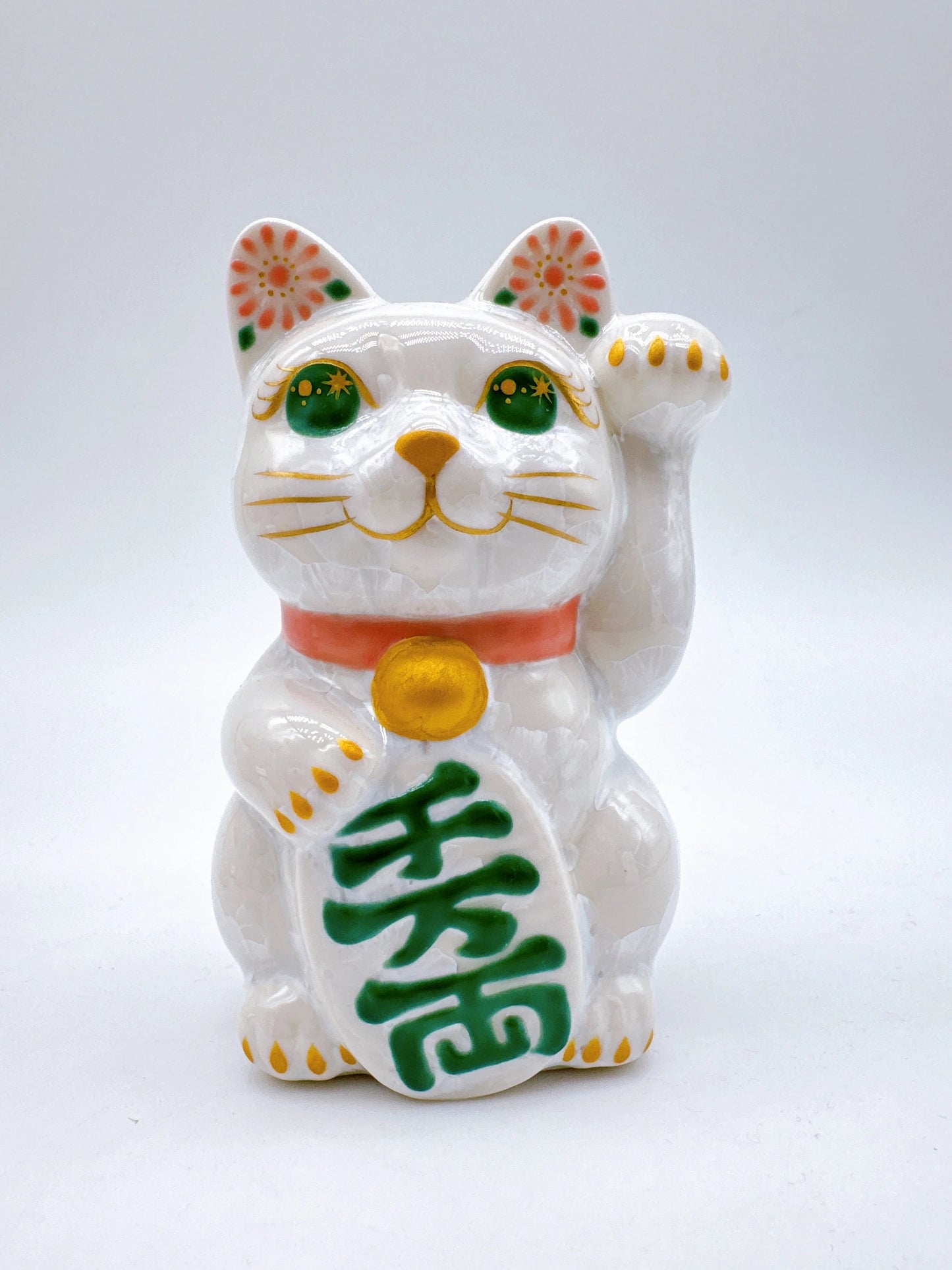 日本清水燒招財貓 花結晶 白 千万両 左