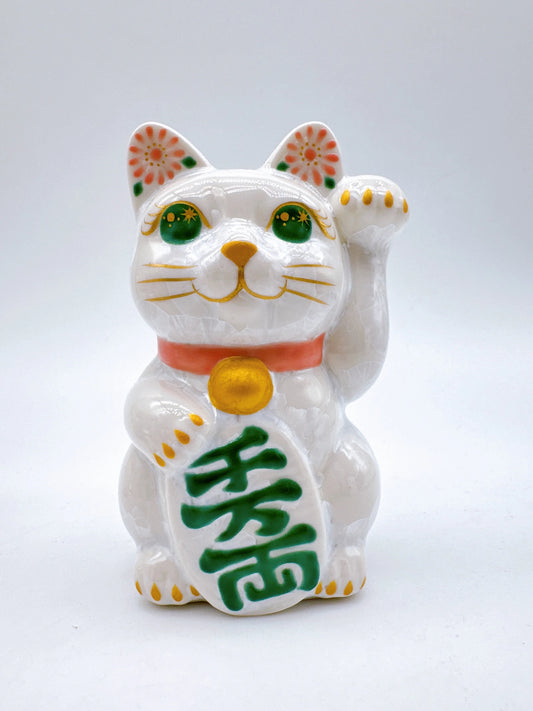 日本清水燒招財貓 花結晶 白 千万両 左