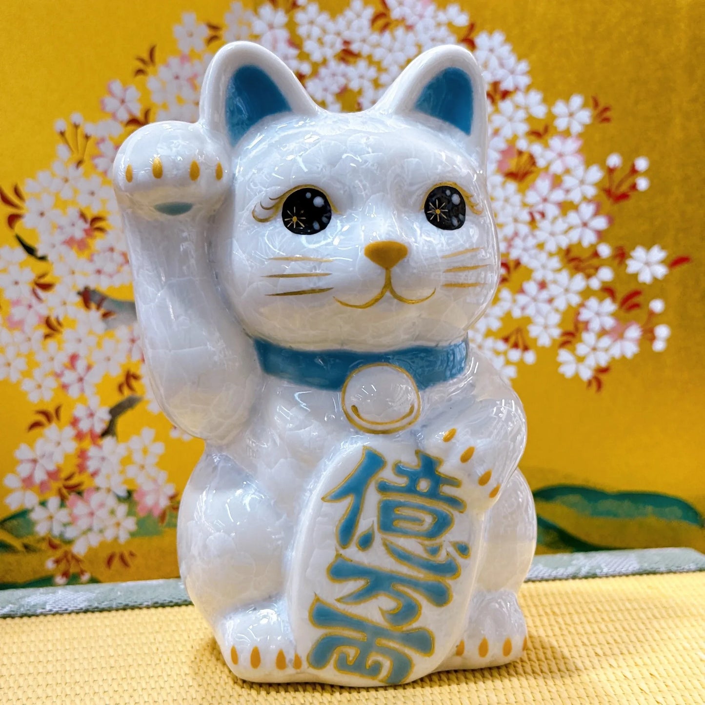 日本清水燒招財貓 花結晶 白色 億万両 右