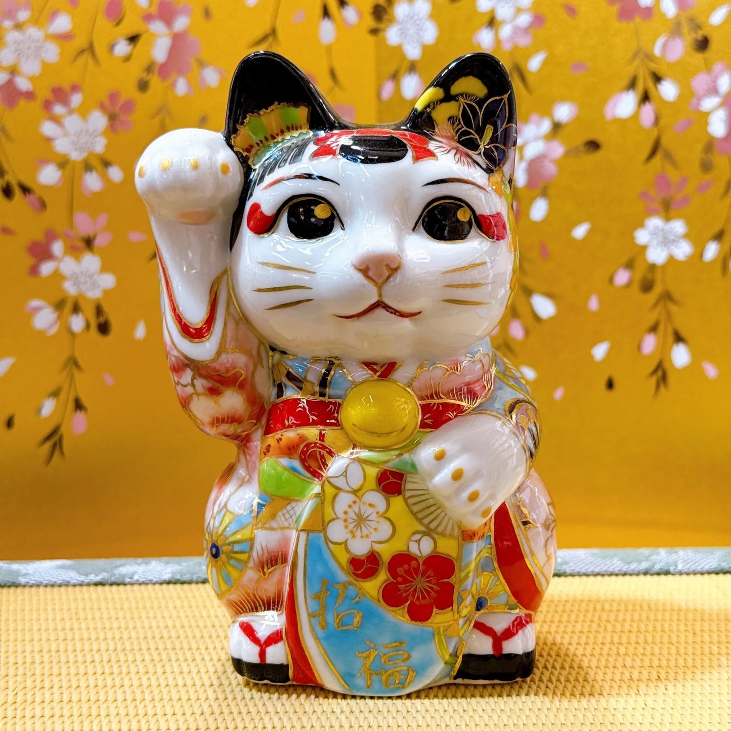 日本清水烧招财猫 色绘 舞伎玄华
