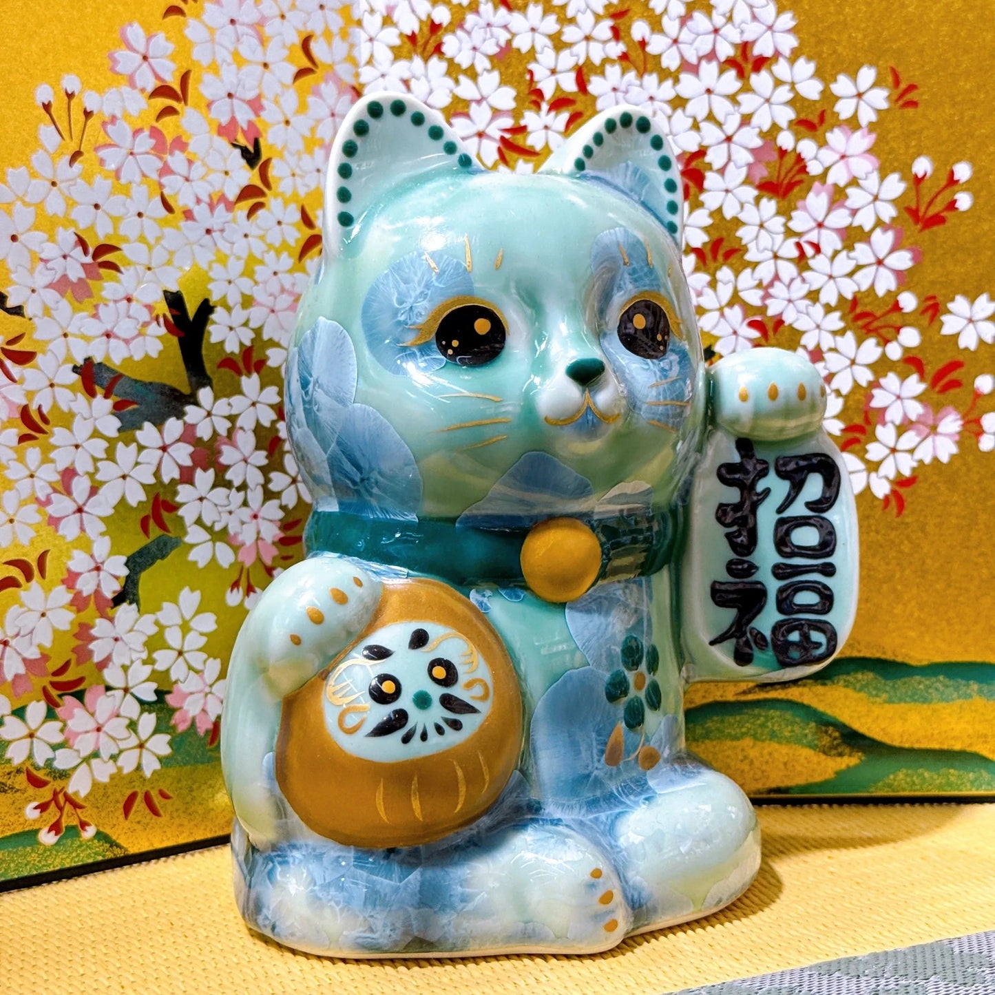 日本清水燒招財貓 達摩 花結晶 綠 招福