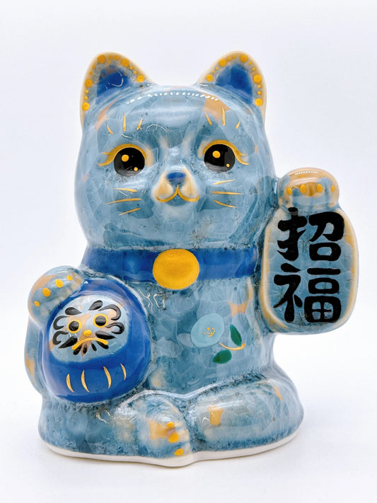 日本清水燒招財貓 達摩 花結晶 灰青 招福