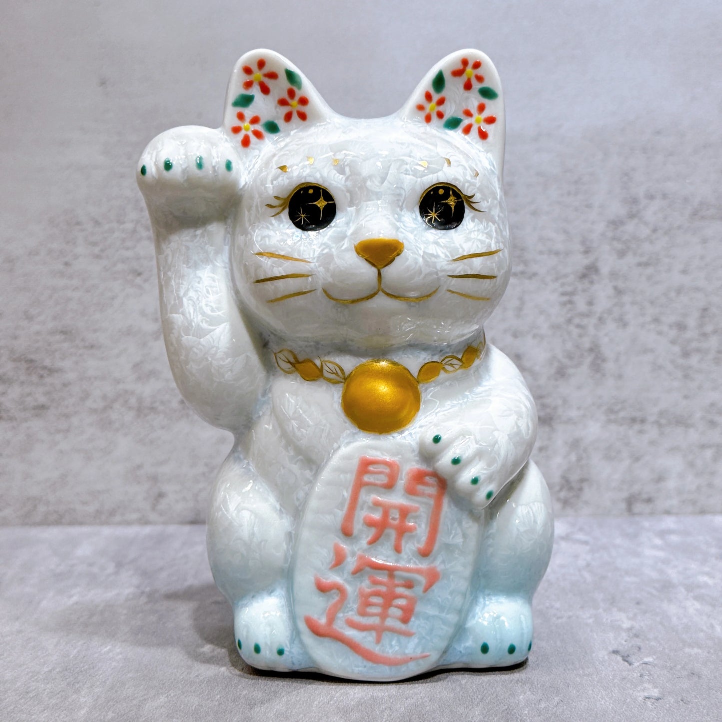 日本清水燒招財貓 花結晶 水白 開運 右