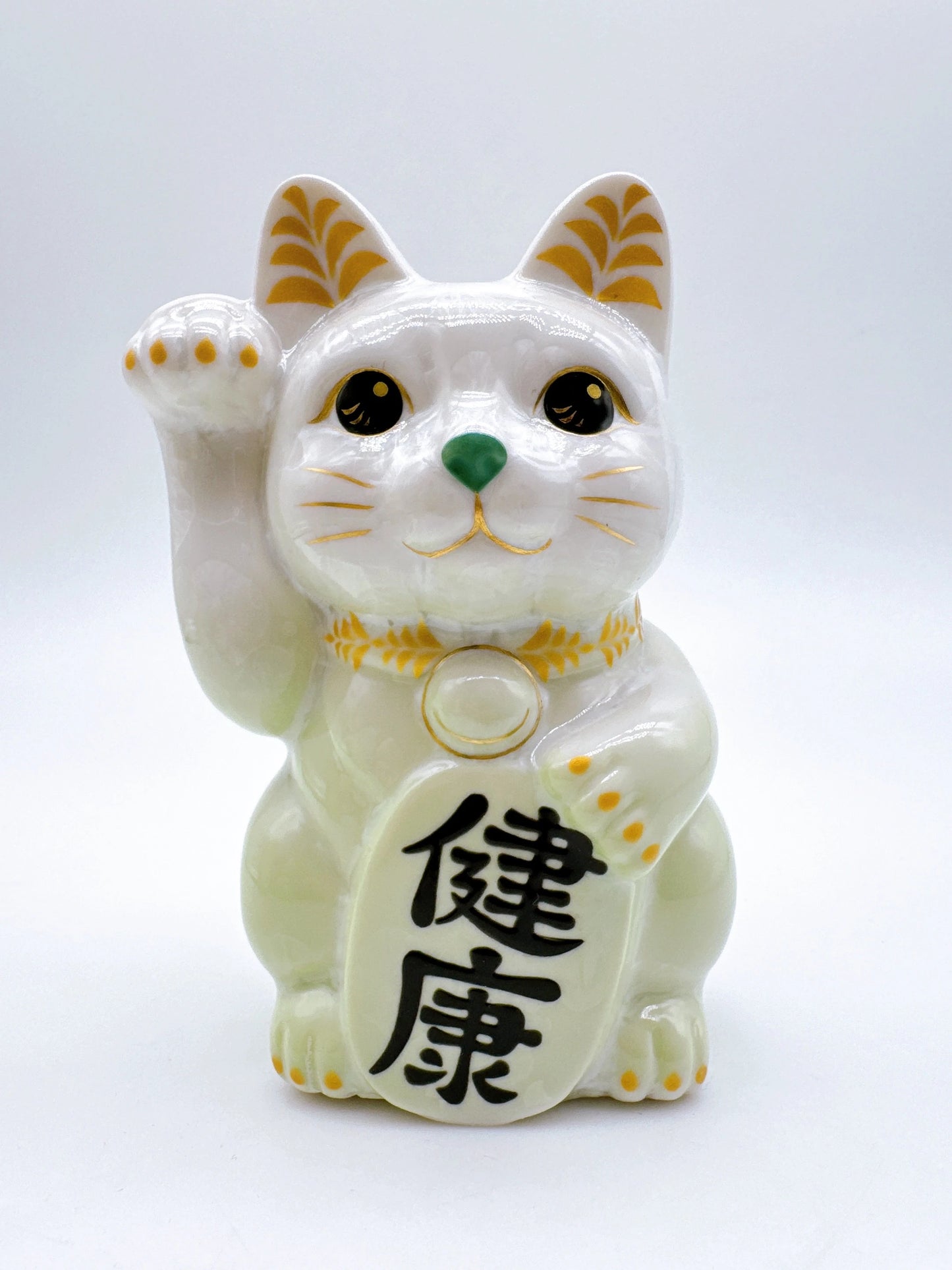 日本清水烧招财猫 花结晶 白绿 健康