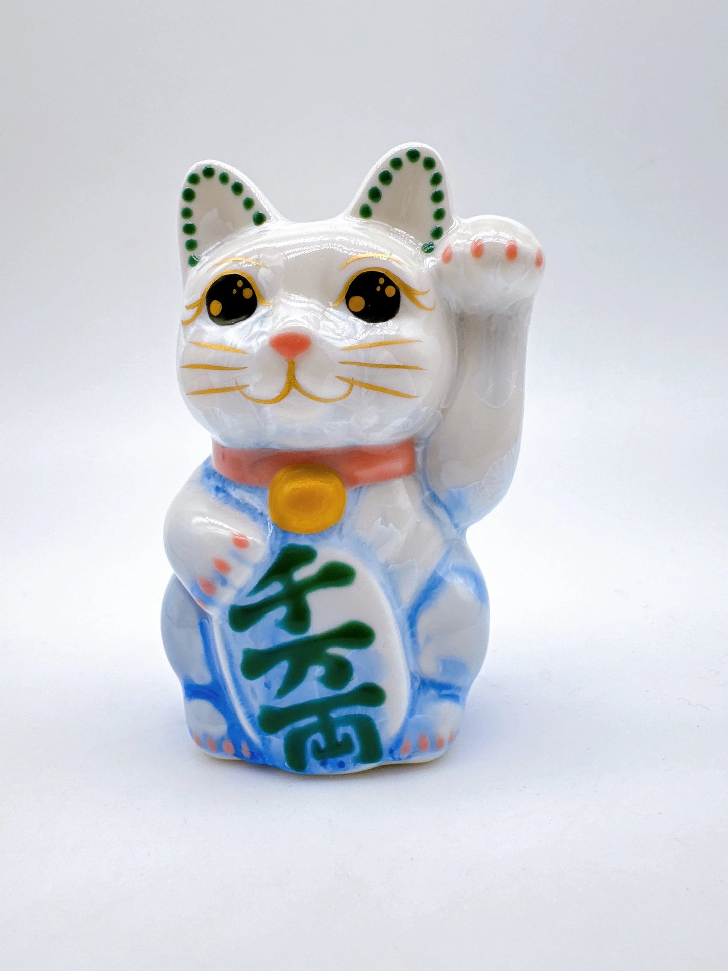 日本清水燒招財貓 花結晶 青白 千万両 左 特小