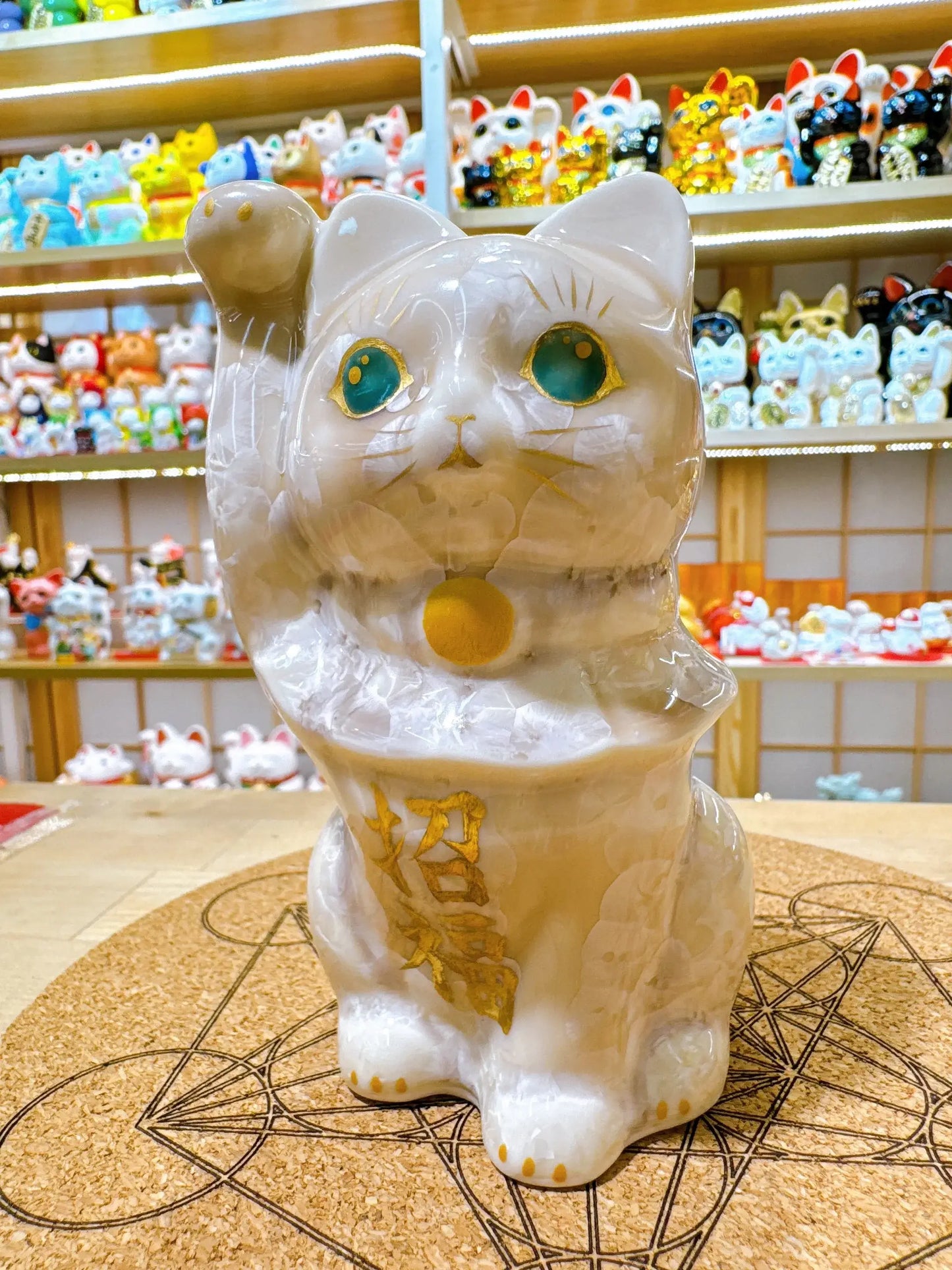 日本清水燒招財貓 花結晶 杏 招福 金彩