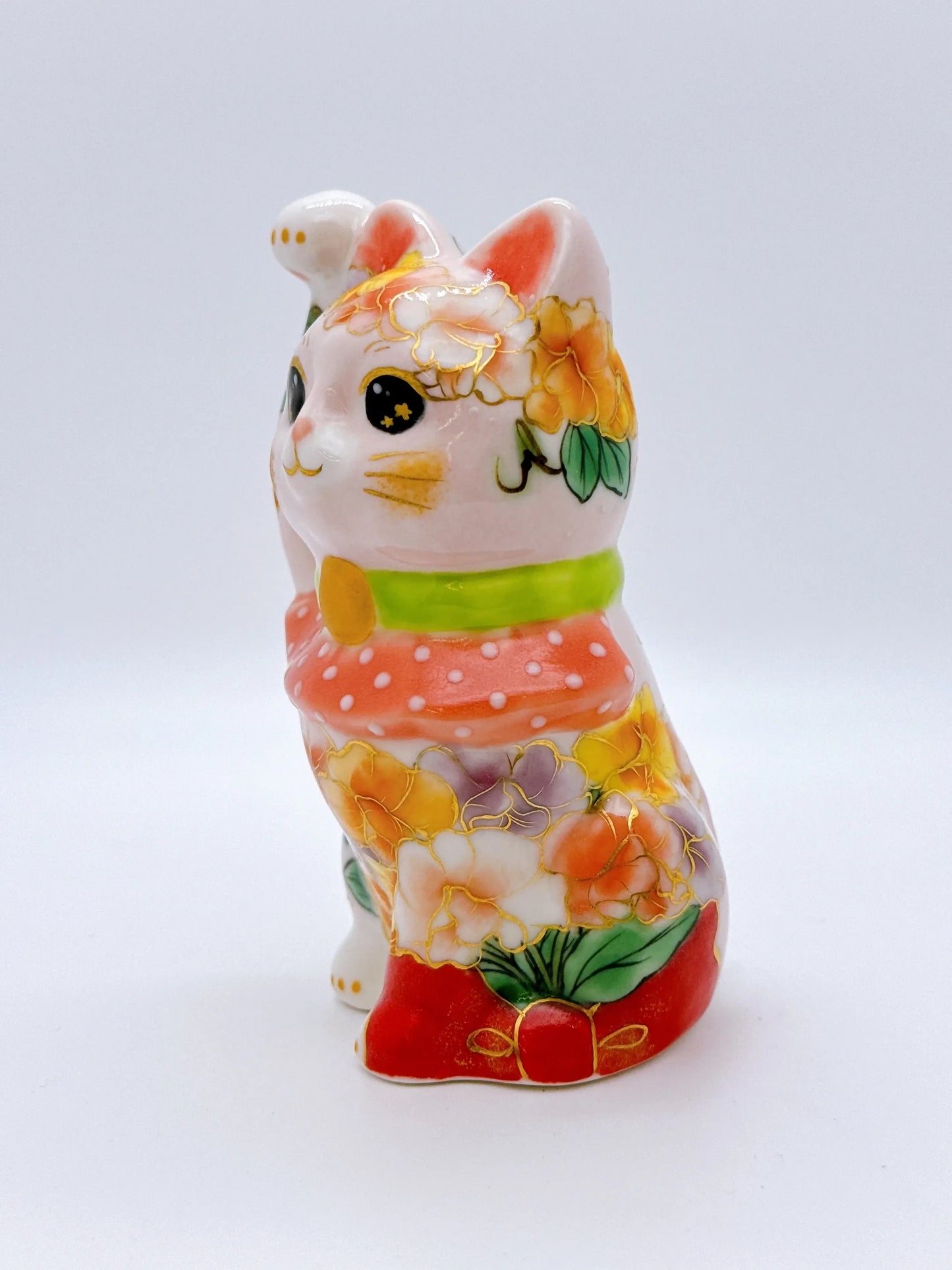 日本清水燒招財貓 色繪 粉紅香豌豆