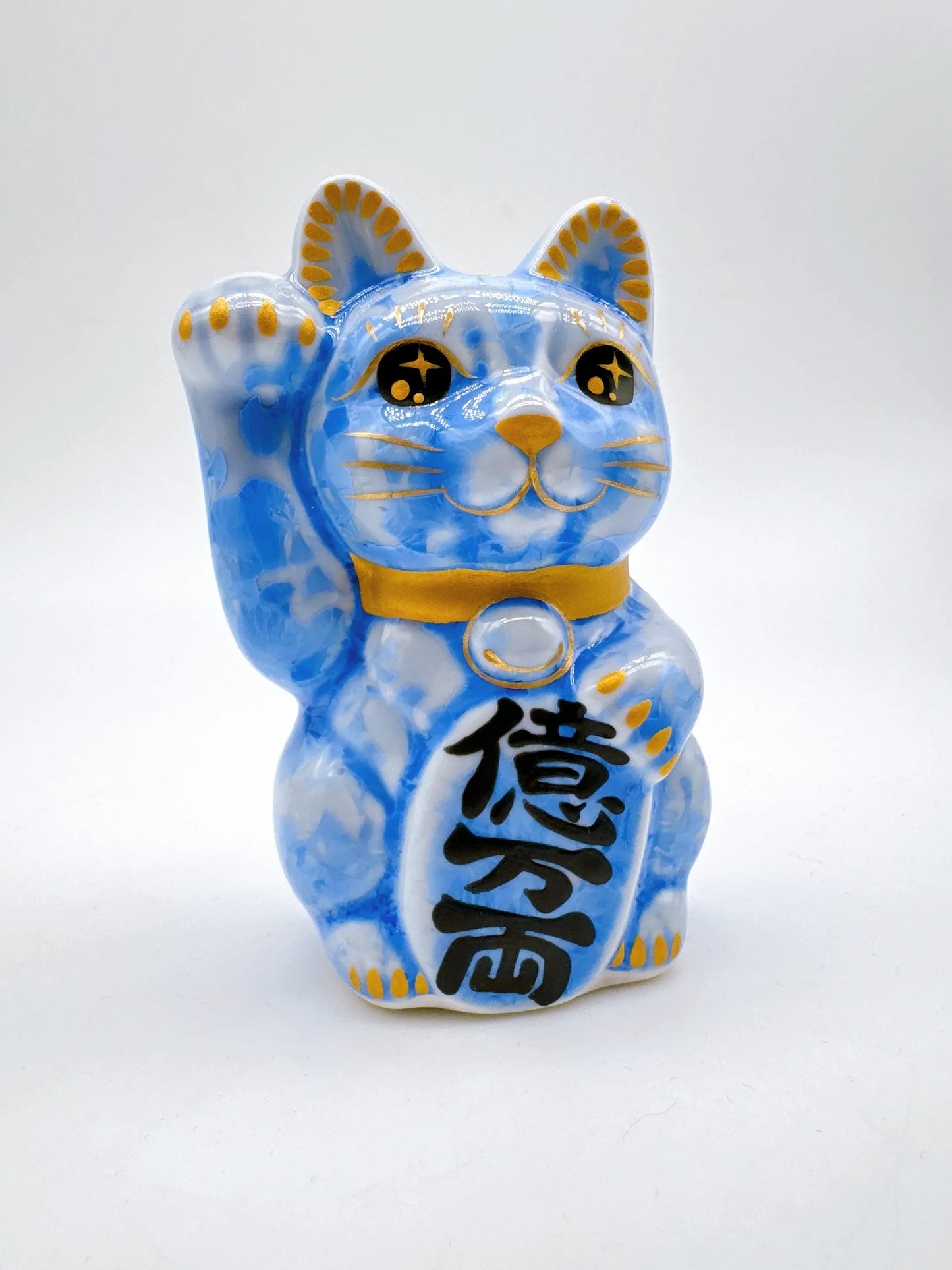 日本清水燒招財貓 花結晶 青 億万両 右 特小