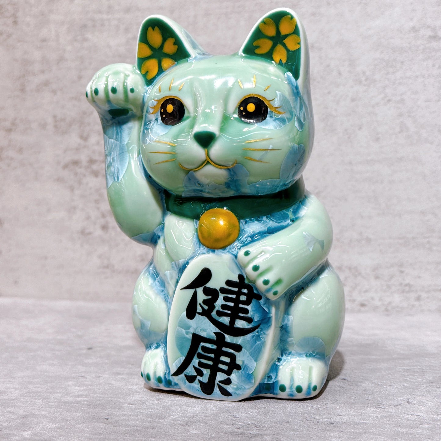 日本清水燒招財貓 花結晶 綠 健康 左