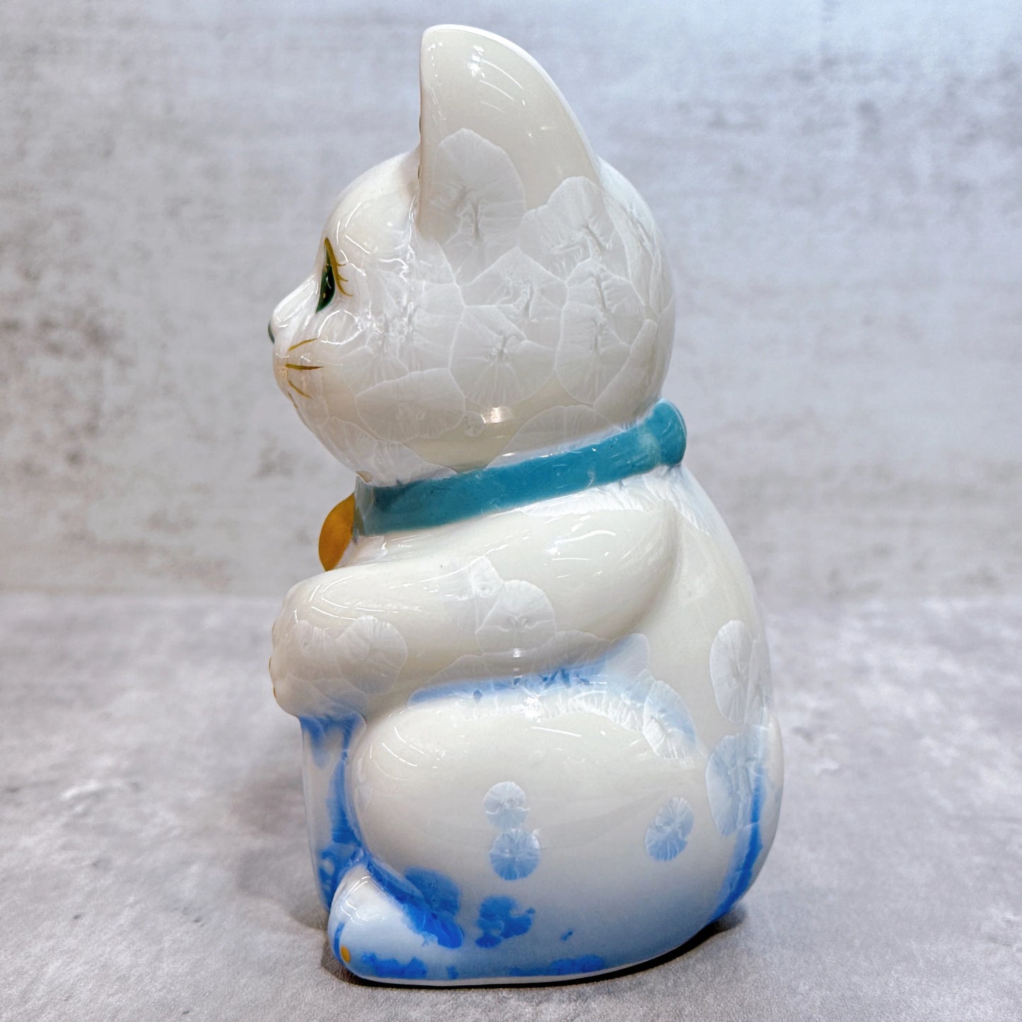 日本清水燒招財貓 花結晶 青白 招福 右