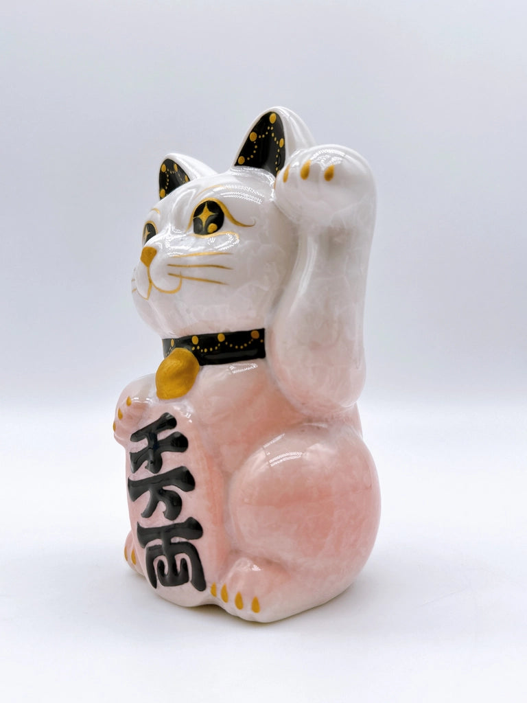 日本清水烧招财猫 花结晶 桃白 亿万两 右