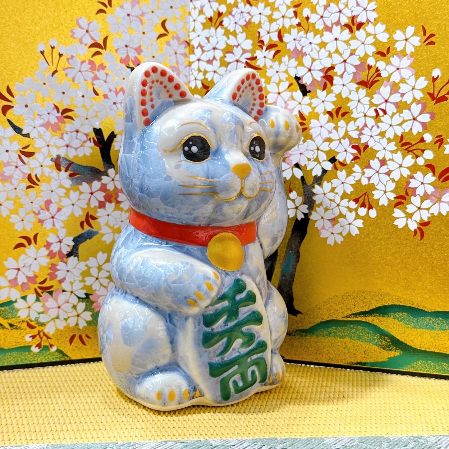 日本清水燒招財貓 花結晶 銀藤 千万両 左