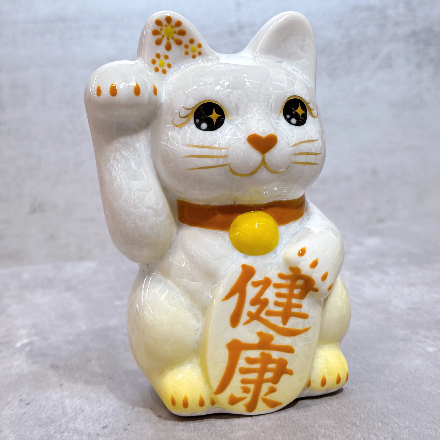 日本清水燒招財貓 花結晶 黃白 健康 右