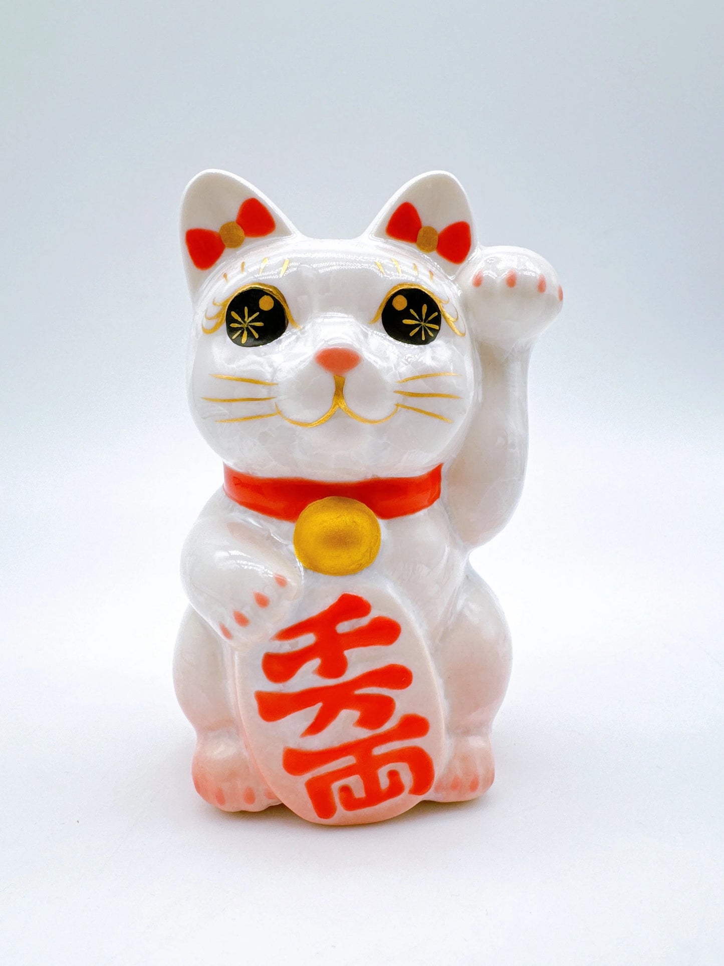 日本清水燒招財貓 花結晶 桃白 千万両 左