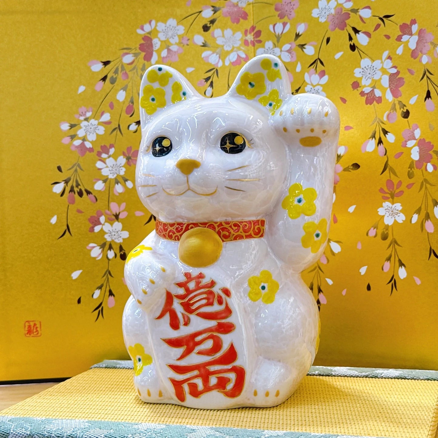 日本清水燒招財貓 花結晶 桃 億万両 特大 左