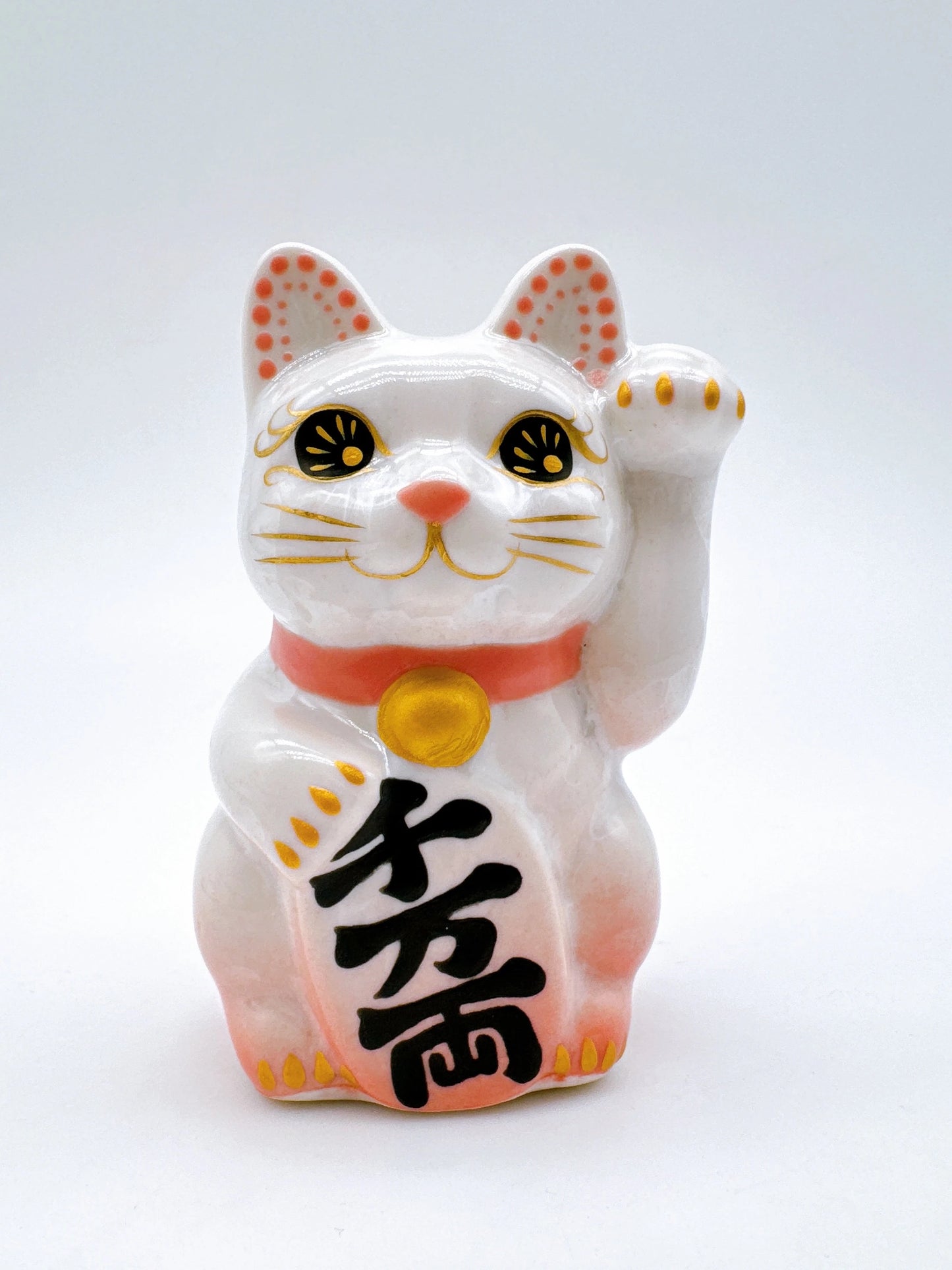 日本清水燒招財貓 花結晶 桃白 千万両 左 迷你