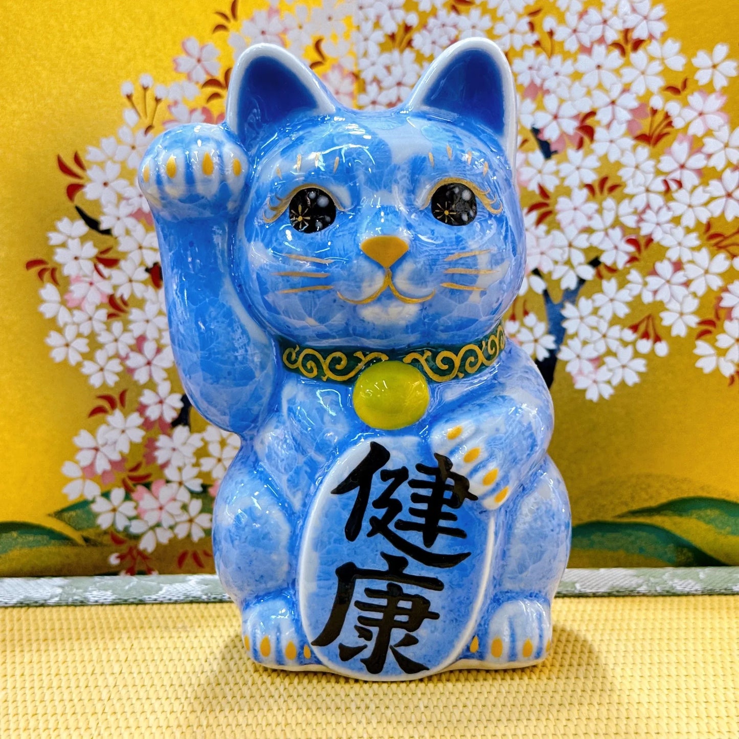 日本清水燒招財貓 花結晶 青 健康 右