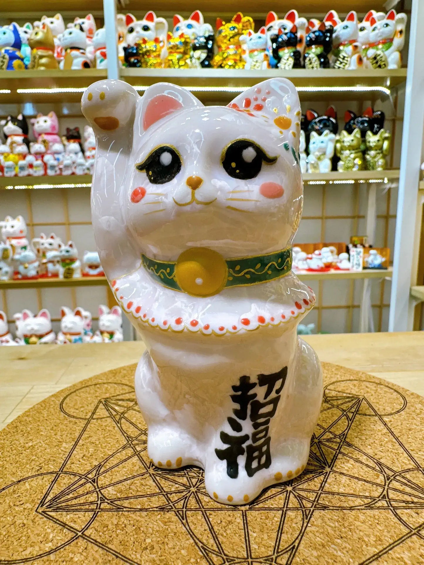 日本清水燒招財貓 花結晶 桃 招福