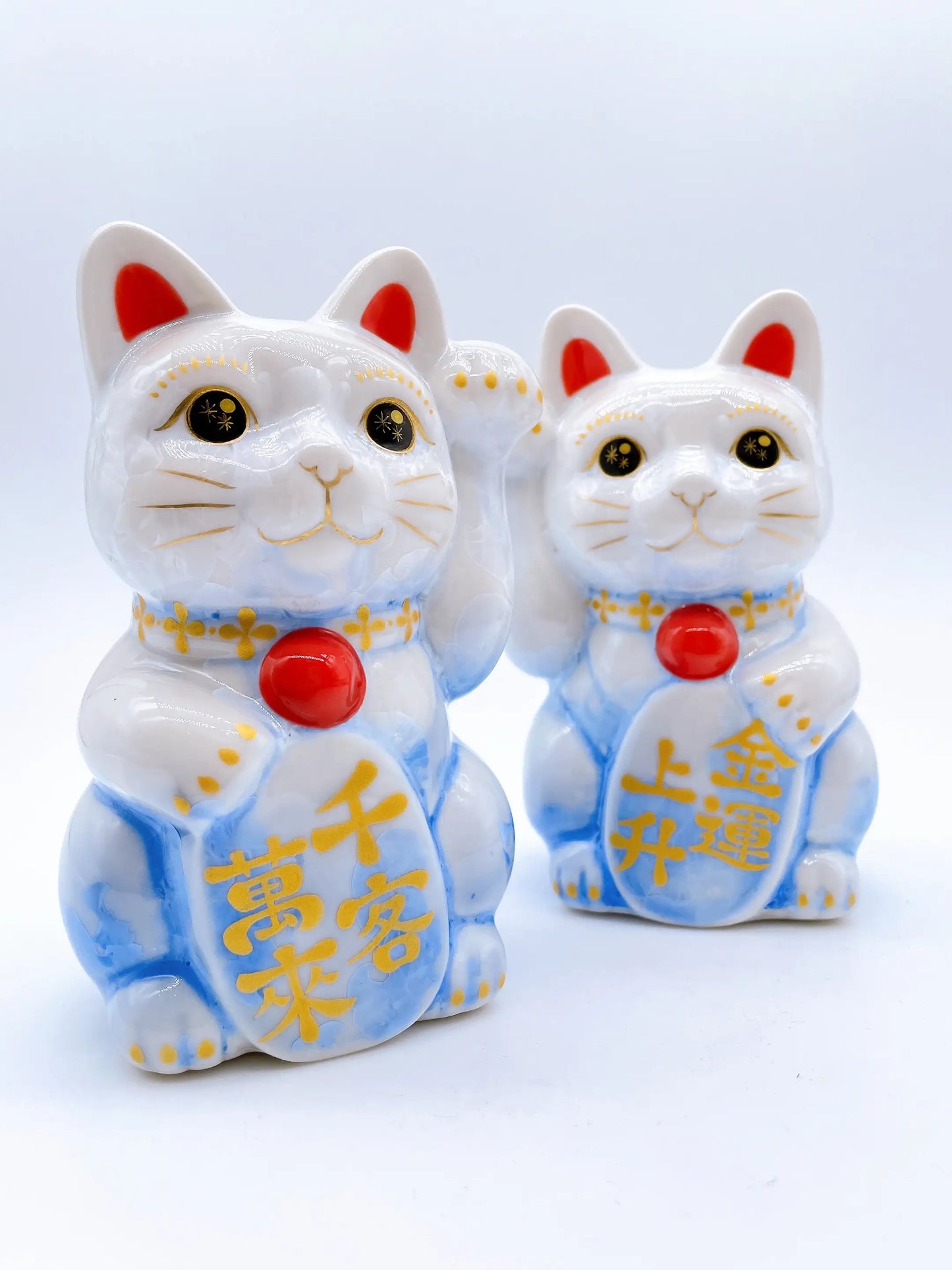 日本清水烧招财猫 花结晶 青白 金运上升
