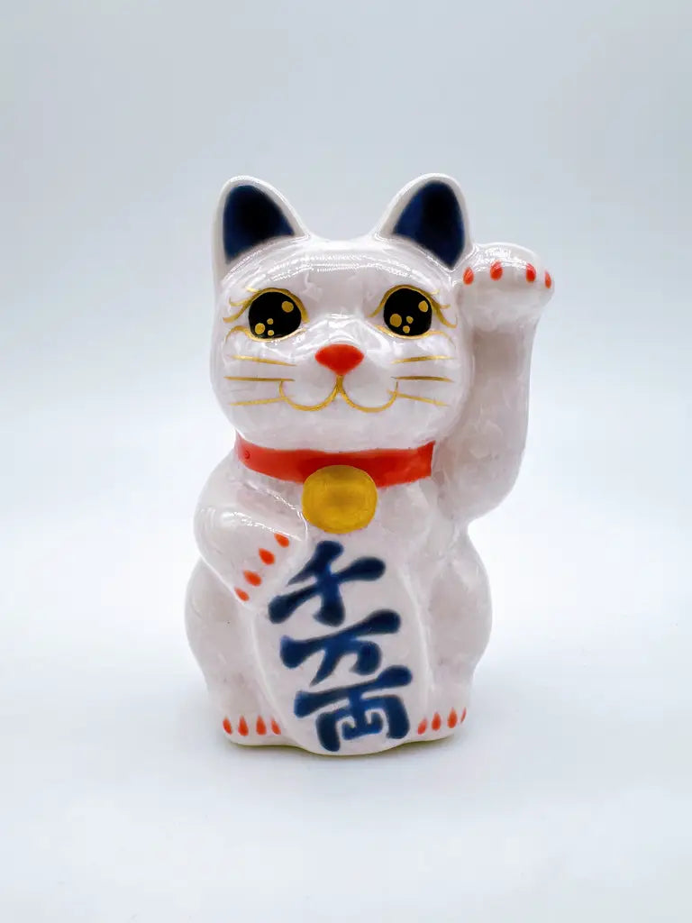 日本清水燒招財貓 花結晶 桃 千万両 左 特小