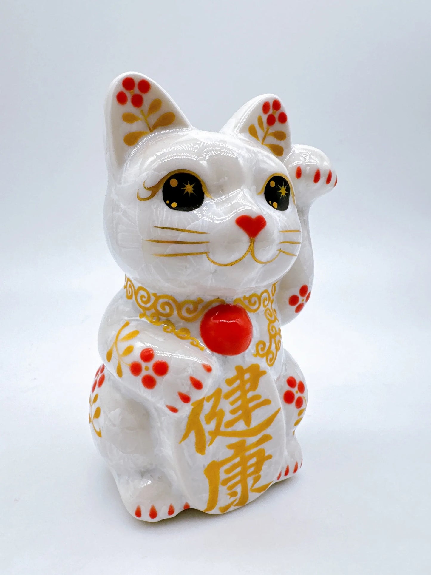 日本清水烧招财猫 花结晶 白体花 健康 左