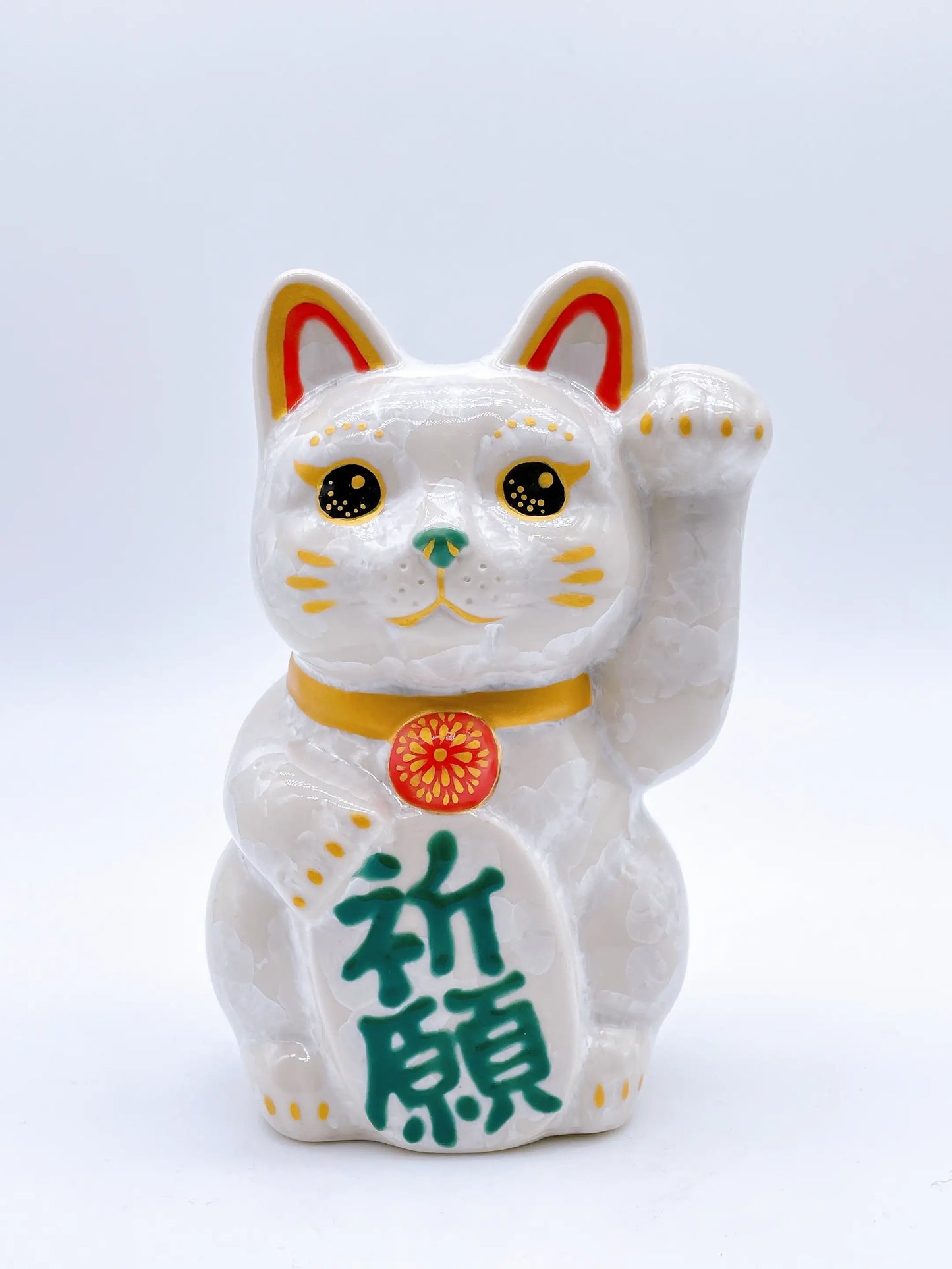 日本清水燒招財貓 花結晶 白 祈願 中號