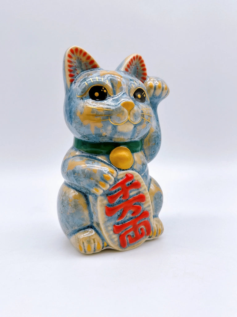 日本清水烧招财猫 花结晶 灰青 千万两 左