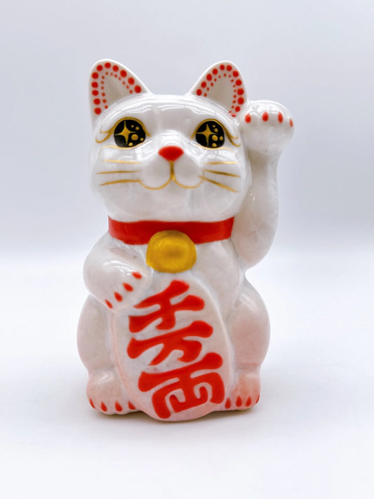 日本清水燒招財貓 花結晶 桃白 千万両 左