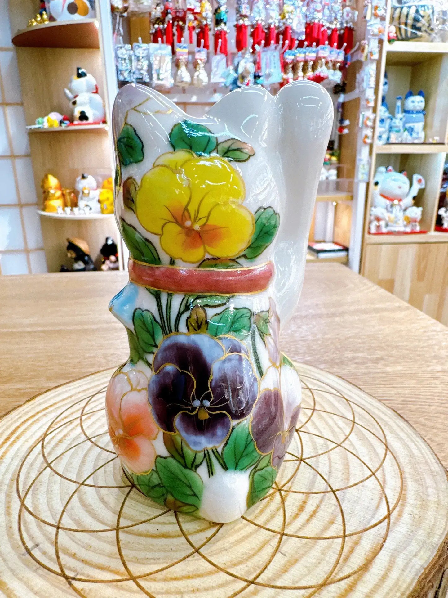 日本清水燒招財貓 色繪 白地三色堇