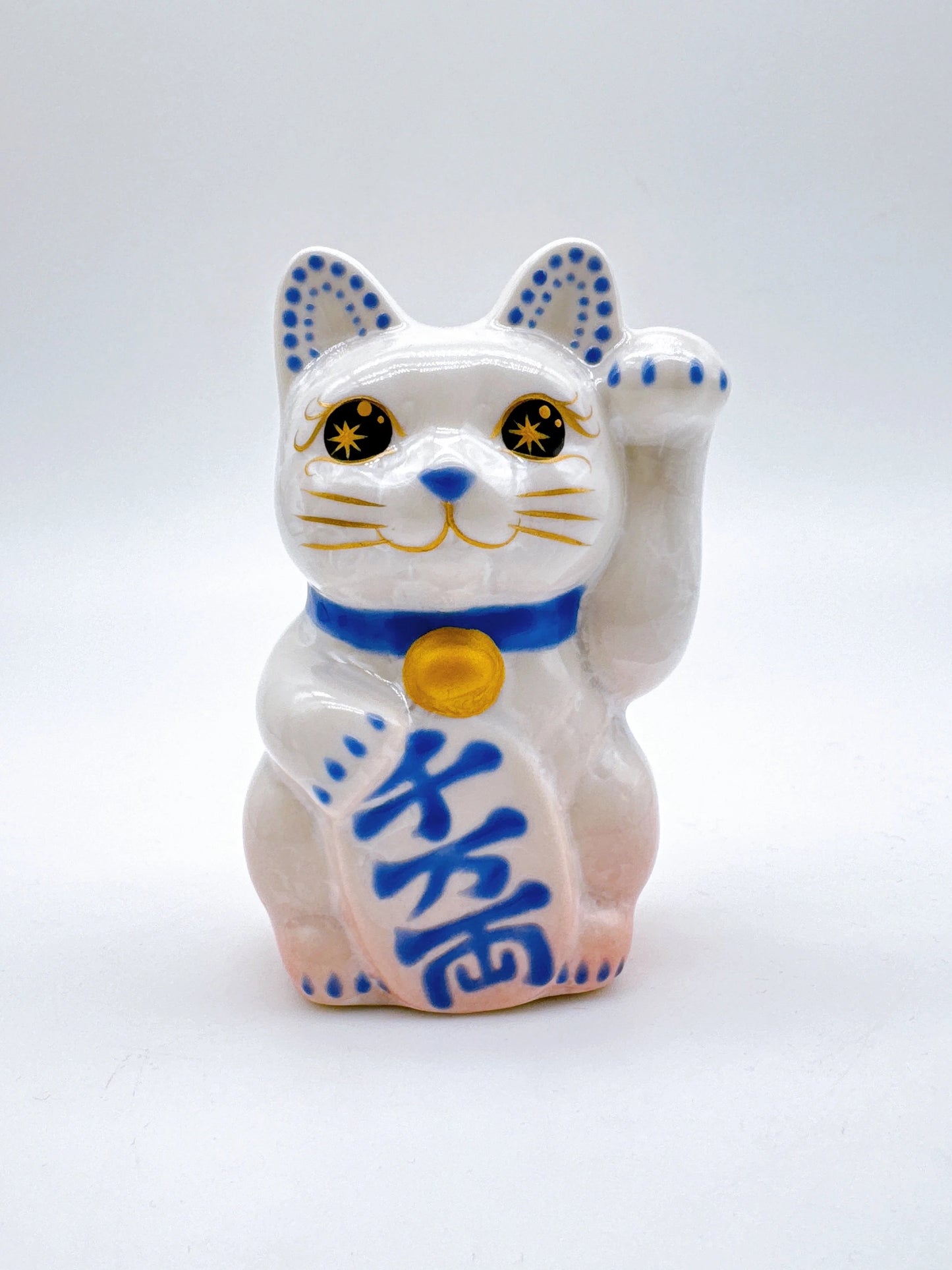 日本清水燒招財貓 花結晶 桃白 千万両 左 特小
